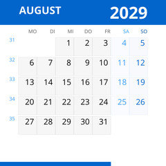 Monatskalender AUGUST 2029 mit Kalenderwoche in der Farbe blau