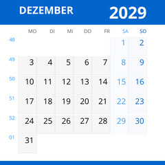 Monatskalender DEZEMBER 2029 mit Kalenderwoche in der Farbe blau