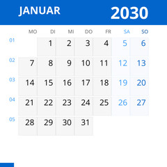 Monatskalender JANUAR 2030 mit Kalenderwoche in der Farbe blau