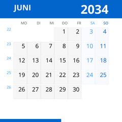 Monatskalender JUNI 2034 mit Kalenderwoche in der Farbe blau