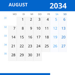 Monatskalender AUGUST 2034 mit Kalenderwoche in der Farbe blau