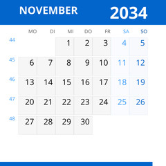 Monatskalender NOVEMBER 2034 mit Kalenderwoche in der Farbe blau