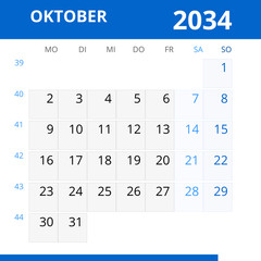 Monatskalender OKTOBER 2034 mit Kalenderwoche in der Farbe blau