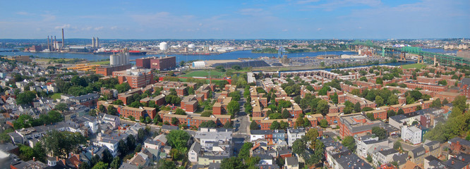 Charlestown and Mystic River panorama aerial view, from the top of Bunker Hill Monument, Boston,...