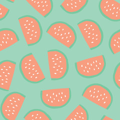 Watermelon slices pattern. Vector seamless background with illustrated fruits isolated on green. Food illustration. Use for card, menu cover, web pages, page fill, packaging, farmers market, fabric.
