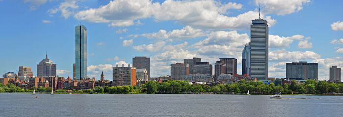 Boston Back Bay Skyline John Hancock Tower and Prudential Center, viewed from Cambridge, Boston,...