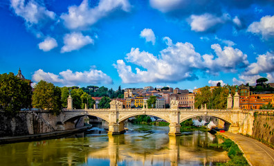 Rome, Italy. Saint Angelo castle and bridge over the Tiber river.