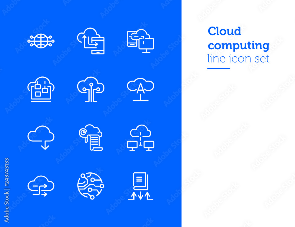 Poster cloud computing line icon set. set of line icons on white background. programming concept. system, s