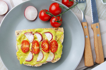 Cenital view of toast with avocado, tomato and radish on a plate