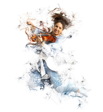 Woman playing violin on smoke background