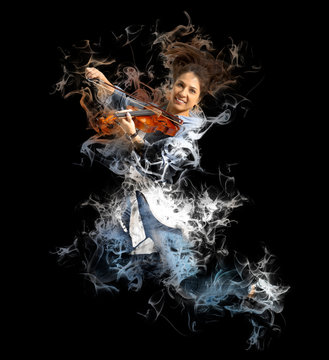 Woman playing violin on smoke background