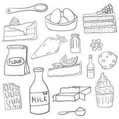 Hand drawn set of baking ingredients and desserts. Cake, chocolate and cookie. Vector illustration.