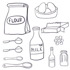 Hand drawn set of baking ingredients and desserts. Cake, chocolate and cookie. Vector illustration.
