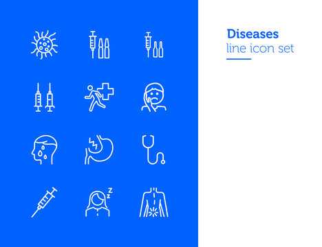 Diseases line icon set. Set of line icons. Healthcare concept. Syringe, injection, bacteria, person, pain. Vector illustration can be used for topics like medicine, health, treatment