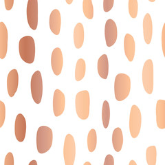 Abstract copper foil spot shapes seamless vector pattern. Shiny metallic rose golden marks on white background. Modern stroke elegant design for packaging, digital paper, web banner, page fill, party