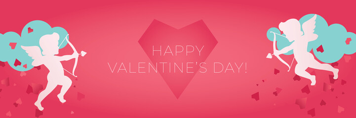 Valentine's Day Banner with Decor Red Hearts and Angel. Romantic promotion card and flyer. Vector.