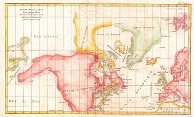1772, Vaugondy and Diderot Map the North America illustrating Cluny's Voyages
