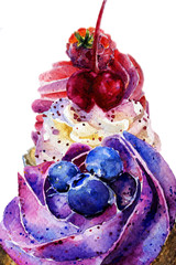 cupcakes watercolor set. cherry blueberries raspberries. background