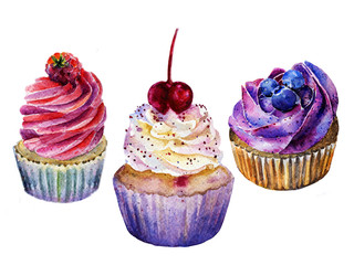 cupcakes watercolor set. cherry blueberries raspberries. background