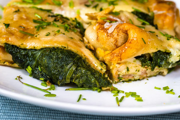 Omelettw with steamed spinach filling.