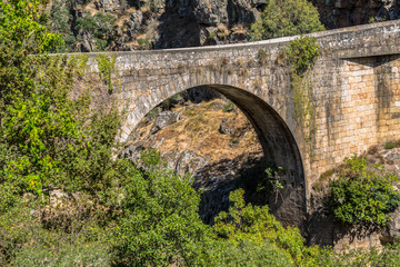 Fototapeta na wymiar View of old roman bridge over Paiva river, in stone, with vegetation around