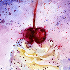 cupcake with cherry watercolor. background