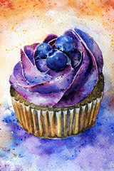 fruitcake with blueberries and cream. cake. watercolor. background