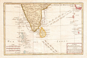 1780, Bonne Map of Southern India, Ceylon, and the Maldives, Rigobert Bonne 1727 – 1794, one of the most important cartographers of the late 18th century - obrazy, fototapety, plakaty