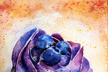 fruitcake with blueberries and cream. cake. watercolor. background