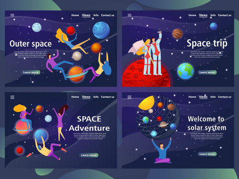 Website page templates for outer space and adventure. Landing page shows space around man. vector illustration