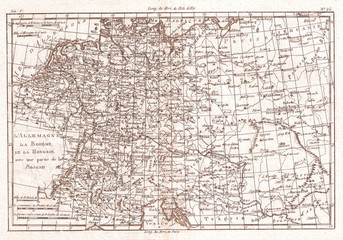 Obraz premium 1780, Raynal and Bonne Map of Germany, Bohemia, and Poland, Rigobert Bonne 1727 – 1794, one of the most important cartographers of the late 18th century