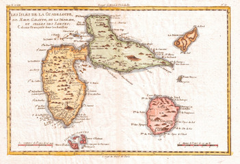 1780, Raynal and Bonne Map of Guadeloupe, West Indies, Rigobert Bonne 1727 – 1794, one of the most important cartographers of the late 18th century