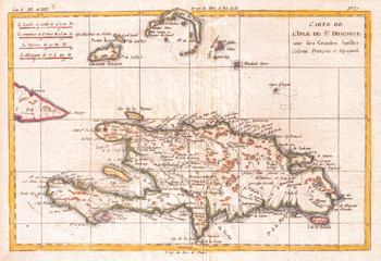 Fototapeta premium 1780, Raynal and Bonne Map of Hispaniola, West Indies, Rigobert Bonne 1727 – 1794, one of the most important cartographers of the late 18th century