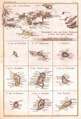 1780, Raynal and Bonne Map of the Virgin Islands and Antilles, West Indies, Rigobert Bonne 1727 – 1794, one of the most important cartographers of the late 18th century