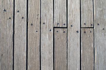 Fototapeta premium Surface from old vintage wooden boadrs fixed by metal nails front view close up