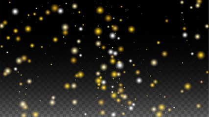 Gold Glitter Vector Texture on a Black. Golden Glow Pattern. Golden Christmas and New Year Snow. Golden Explosion of Confetti. Star Dust. Abstract Flicker Background with a Party Lights Design. 