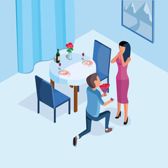 Isometric illustration of a proposal to marry and a declaration of love in a restaurant with a table, food, flowers, a vase, glasses, wine