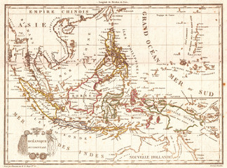 Obraz premium Old Map of the East Indies, Singapore, Southeast Asia, Sumatra, Borneo, Java, 1810, Tardieu 