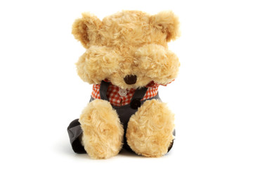 Teddy bear is sitting and very sad and crying on white background