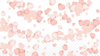 Love Hearts Confetti Falling Background. St. Valentine's Day pattern Romantic Scattered Hearts. Vector Illustration for Cards, Banners, Posters, Flyers for Wedding, Anniversary, Birthday Party, Sales.