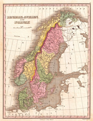 1827, Finley Map of Scandinavia, Norway, Sweden, Denmark, Anthony Finley mapmaker of the United States in the 19th century