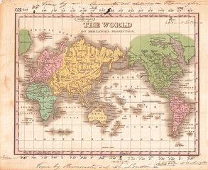 1827, Finley Map of the World on Mercator's Projection, Anthony Finley mapmaker of the United States in the 19th century