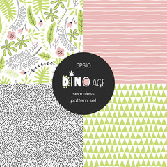 Aloha themed vector seamless background set includes cute exotic leaves and flowers, geometric stripes dots triangle patterns, vector graphics, kids and baby summer textile tee shirt apparel print © AngellozOlga