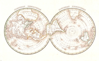 1838, Bradford Map of the World on Polar Projection, Northern and Southern Hemispheres