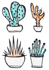 Watercolor hand drawn doodle of colorful cacti. Illustration pattern on white background