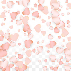 Love Hearts Confetti Falling Background. St. Valentine's Day pattern Romantic Scattered Hearts. Vector Illustration for Cards, Banners, Posters, Flyers for Wedding, Anniversary, Birthday Party, Sales.