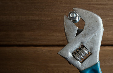 frog wrench with screw and nut on wood background