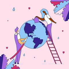 Colorful modern cartoon flat characters,water saving,conservation,preservation,Earth save ecology worldwide concept.Flat style small outline character people work watering planet