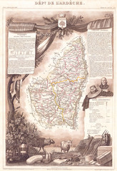 1847, Levasseur Map of the Dept. de L'Ardeche, France