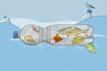 inquinamento da plastica in mare con pesci nelle bottiglie nell'oceani